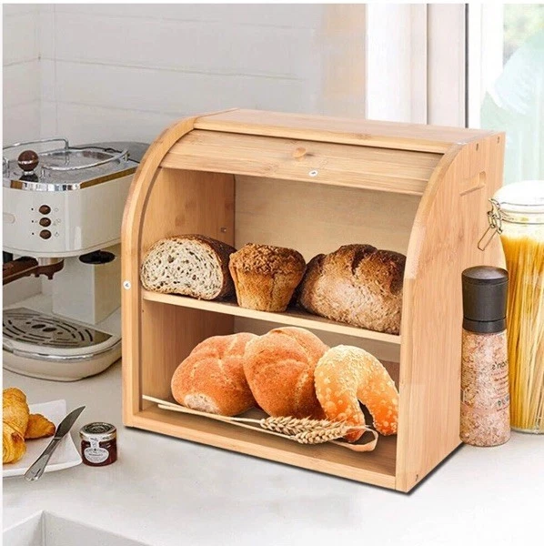 Bamboo Roll Top Adjustable Shelf Bread Box Keeper/Kitchen Storage - Used/Clean