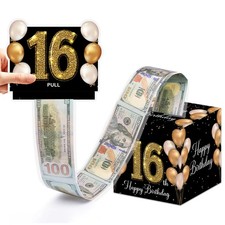 16th Happy Birthday Black Gold Money Box Cash Pull Out Card 50 Bags Gifts