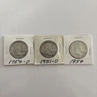 Silver Half Dollar Franklin 90% 1954-D, 1951-D, 1954-P, Fine Circulated