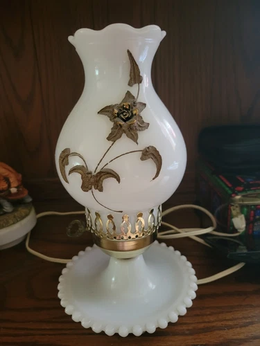 Vtg Milk Glass Lamp Gold Painted Flowers
