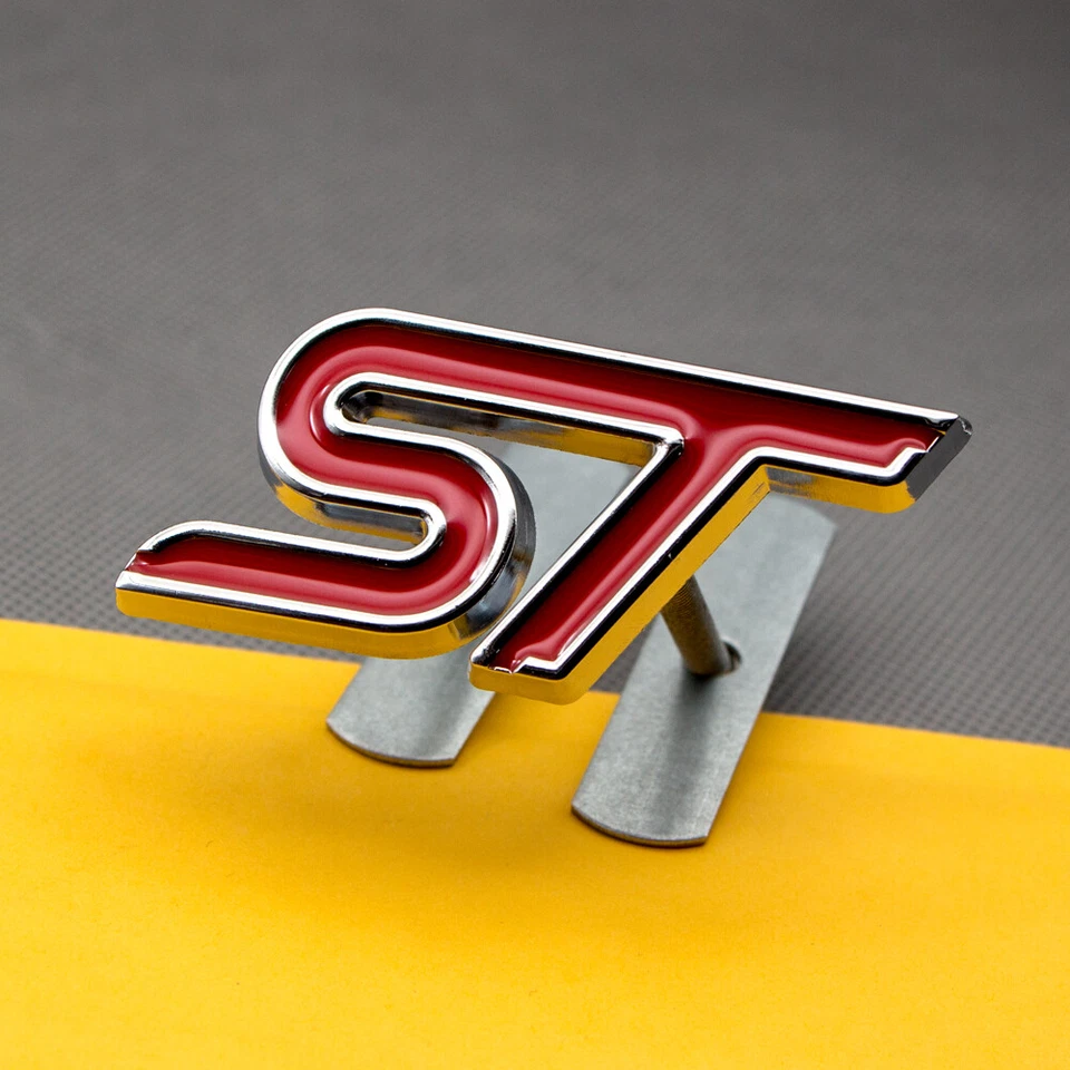 Chrome Red Metal ST Grille Emblem Logo + Rear Trunk Lid Sport Badge Car Sticker - Imagem 3 de 4