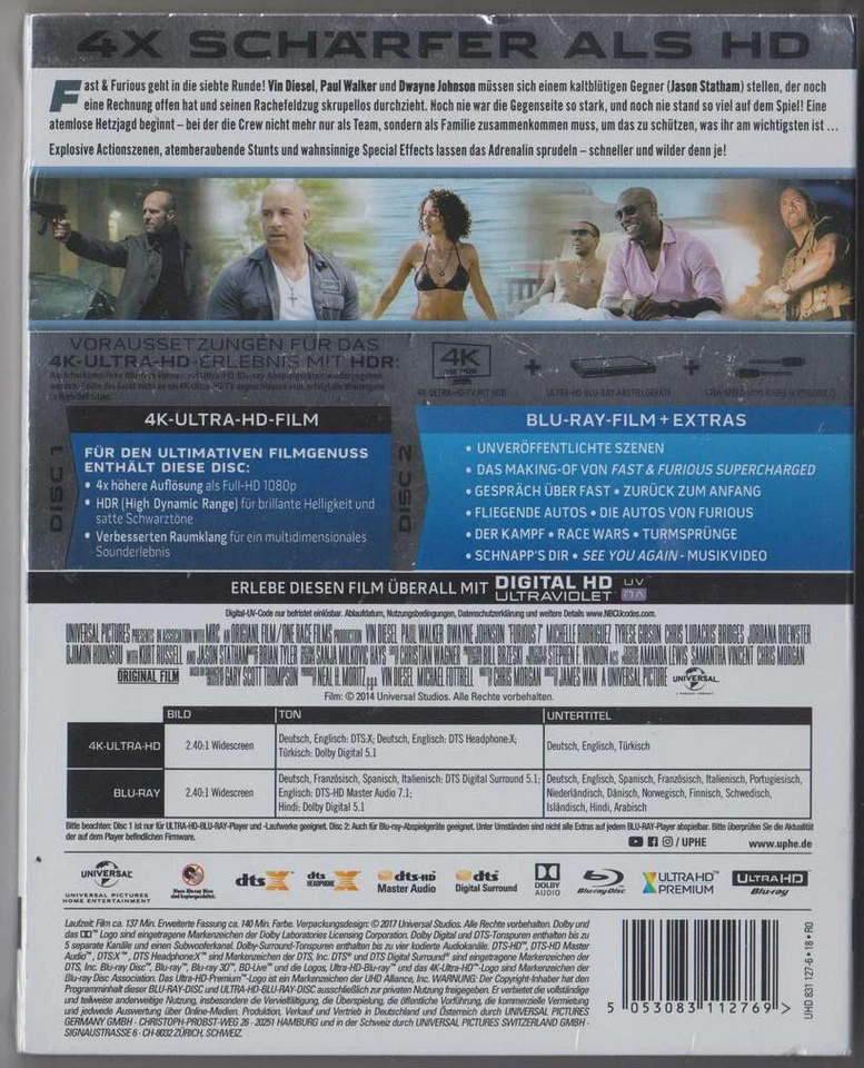 "FAST & FURIOUS 7" - Car Racing Action - Dwayne Johnson - 4K UHD + BLU RAY - OVP - Bild 2 von 2