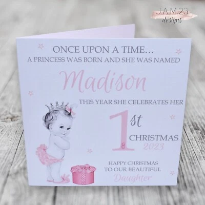 J.A.M. 23 DESIGNS Personalised Girls 1st First Christmas Card Daughter Granddaughter Baby Girl