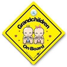 Grandchildren On Board Car Sign 3, Baby On Board Car Sign, Suction Cup Car Sign