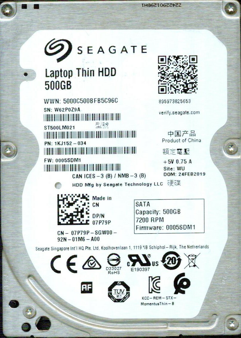 ST500LM021 1KJ152-034 0005SDM1 WU, W62P, SEAGATE SATA 500GB FEB