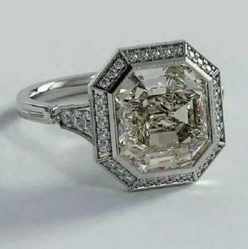 Art Deco Asscher Cut Lab Created Diamond Anniversary Wedding 925 Silver Ring