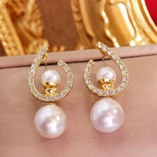 Fashion 18k Gold Plated Crystal Double Pearl Dangle Drop Earrings Womens Jewelry