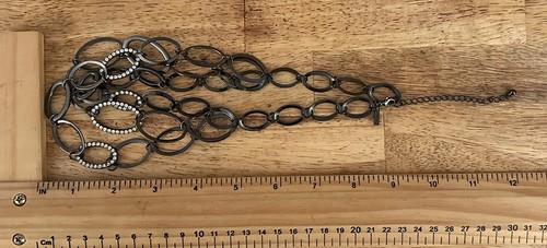 Daisy Fuentes Gunmetal Oval Link Rhinestone Necklace Statement Layered Bold 18”+ - Picture 5 of 6