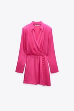 NWT ZARA WOMAN'S BUTTONED WRAP MINI DRESS Fuchsia SHOULDER PAD Size L .