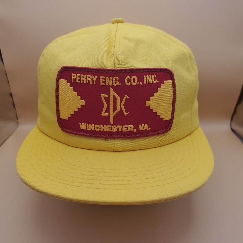 Vintage K Products Perry Eng Yellow Red Snapback Trucker Hat USA Made