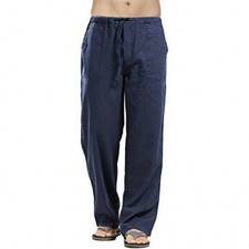 Mens Cotton Linen Baggy Trousers Wide Leg Elastic Waist Casual Loose Harem Pants