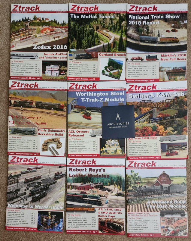 Lot of 9 ZTRACK Magazines Z-scale Model Railroad +ARCHISTORIES CD 2017, 18, 24