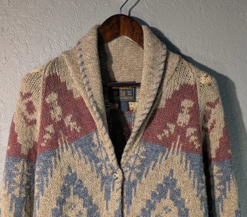 Cárdigan de punto azteca vintage Woolrich 100 % lana para mujer L con botones Foto 4 de 4