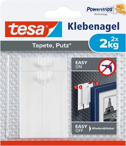 tesa Klebenagel für Tapeten und Putz Selbstklebende Nägel, 2 x 2kg Halteleistung