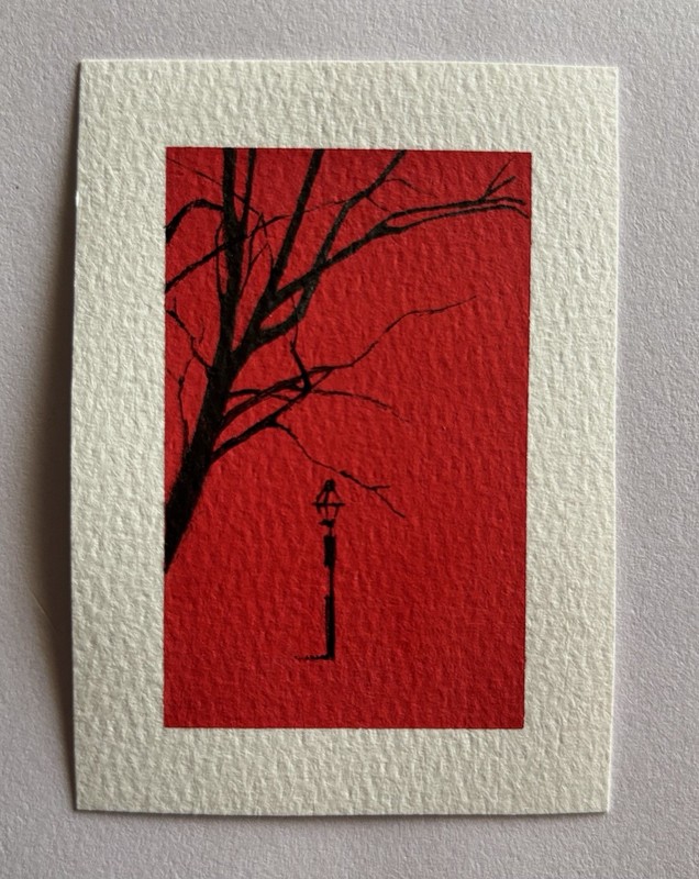 ACEO Original Gouache & Ink Painting on Watercolor Paper, Lantern Red and Black