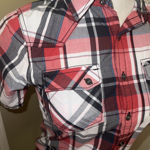 Helix Button Up Shirt Boys Small Plaid Short Sleeve Western Cowboys Two Pockets - Picture 5 of 7