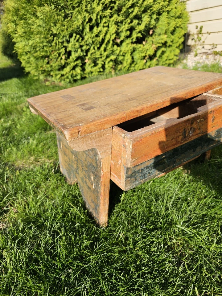 Antique American Lancaster Co PA Primitive Painted Mortise Footstool W Drawer - Image 4 of 4