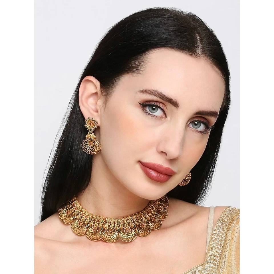 Bollywood Stil Vergoldet Indisch Tempel Halsband Ohrringe Schmuck Set