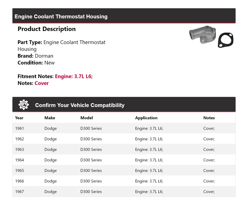 Carcasa termostato refrigerante motor Dorman serie Dodge D300 1961-1967 1962 Foto 2 de 4