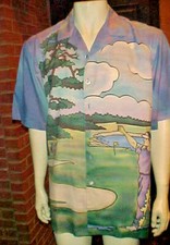 NWT MENS HAND PAINTED ON SILK GOLF THEME SHORT SLEEVE MULTICOLOR SILK SHIRT LG.