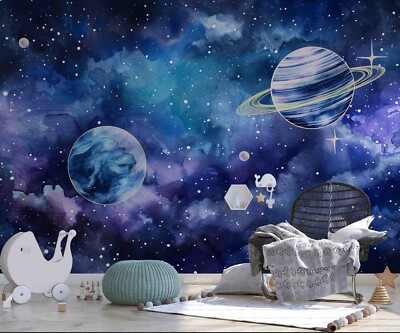 3D Planet Star Space Watercolor Self-adhesive Removable Wallpaper Murals 31