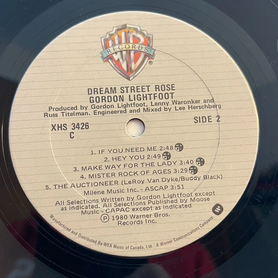Gordon Lightfoot Dream Street Rose Vinyl LP WB XHS 3426 Near Mint The Auctioneer - Image 3 of 4