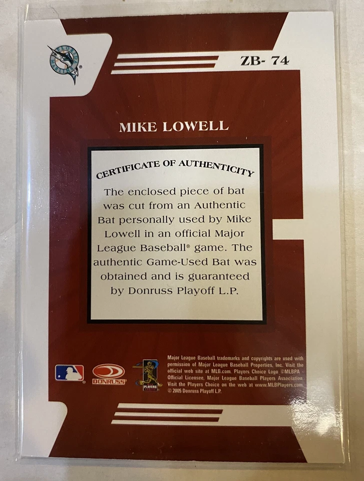 2005 Donruss Zenith Authentic Game Used Bat Mike Lowell #ZB-74 Florida Marlins - Image 2 of 2