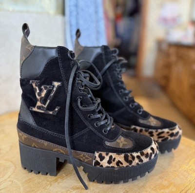Louis Vuitton Laureate Platform Combat Boot Black Brown Leopard Print Leather 6