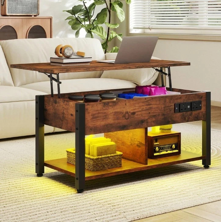 Wooden Coffee Table with Storage Lift Up Top and Shelf for Living Room