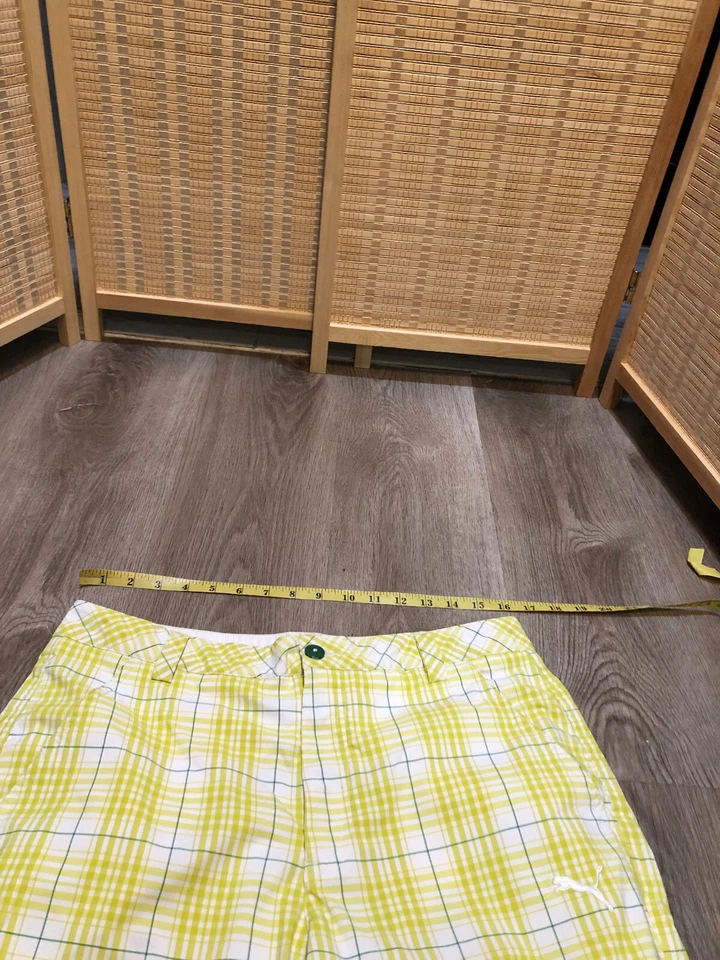 PUMA Golf Shorts Men's Size 32 32" Waist White and Neon Green Striped Plaid 159 - Image 3 of 4