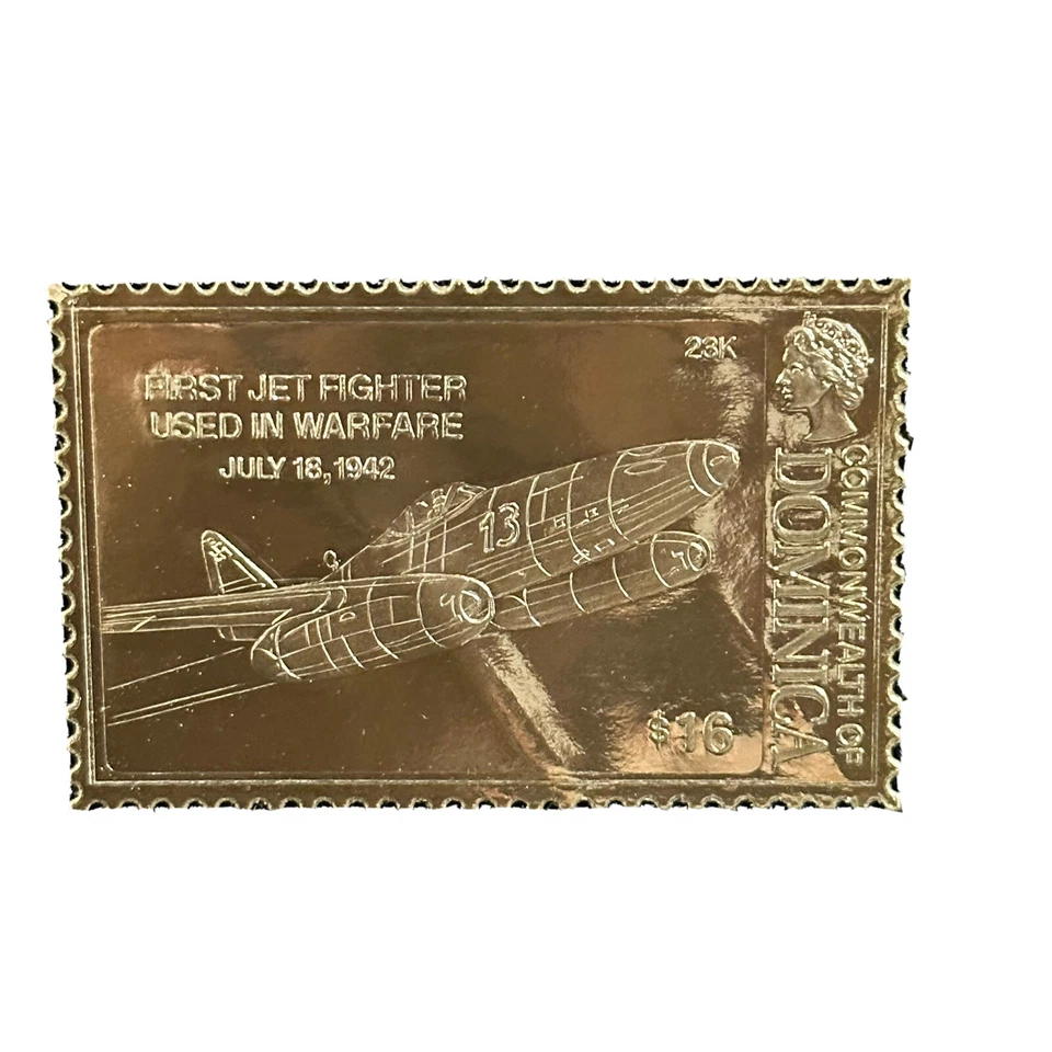Dominica 23K Gold Foil $16 Stamp First Jet Fighter Combat Warfare July 18 1942 - Image 3 of 4