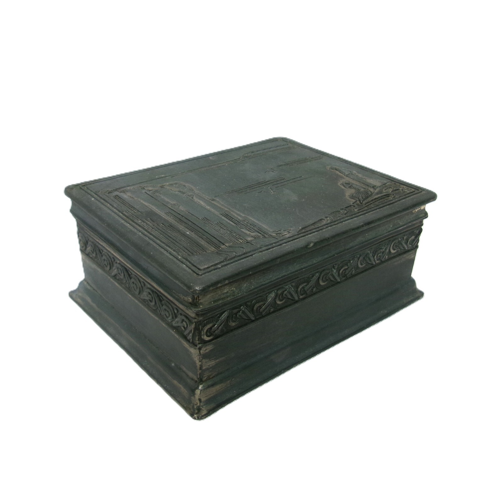 MCM Art Deco Embossed Metal Vintage Trinket Stash Box with Lid - C2