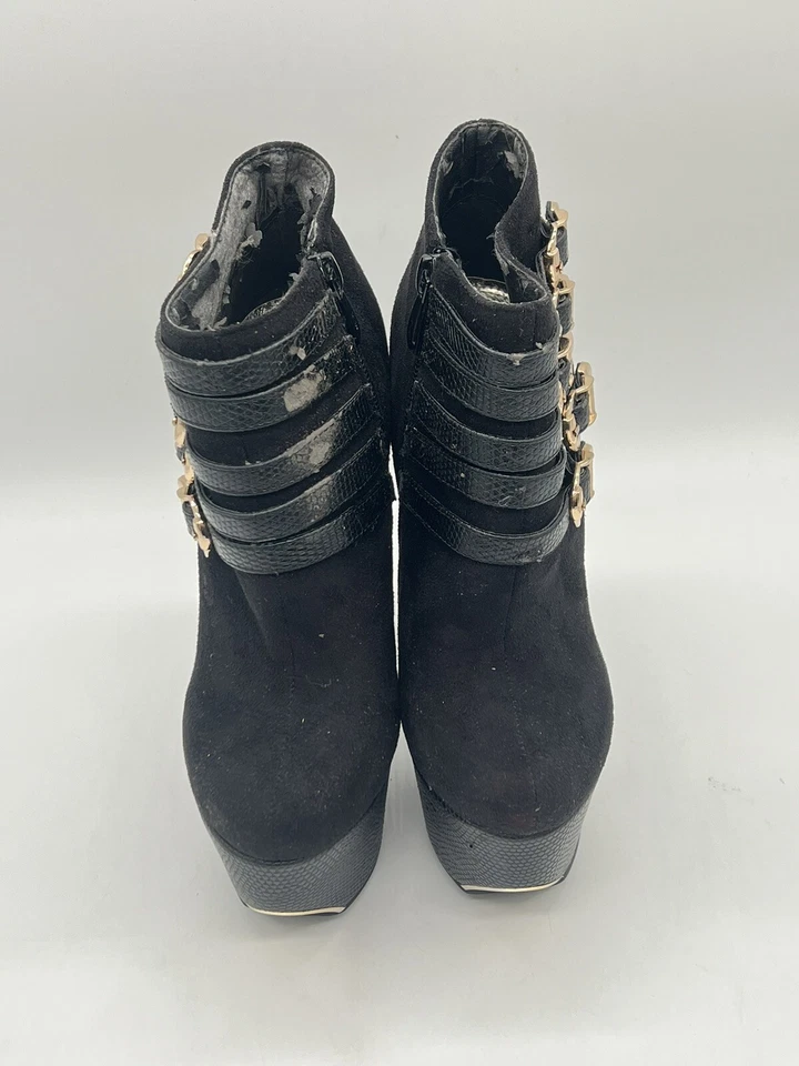 Wild Pair Women’s Black Suede Ankle Boots Gold Buckles Stiletto Heels Size 5M - Image 3 of 4