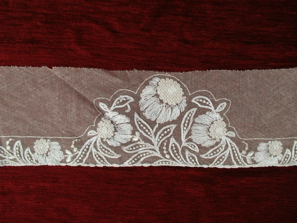 Haut de combinaison broderie sur tulle ancien 1925-1930 rose pâle 1,05 m x 12 cm - Photo 3/4