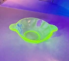 Vintage 1930's Depression Glowing Uranium Glass Fluted w/Handles Condiment Bowl