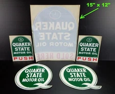 Vintage 60yr QUAKER STATE OIL - Sticker Set - TOMBSTONE not Porcelain Signs