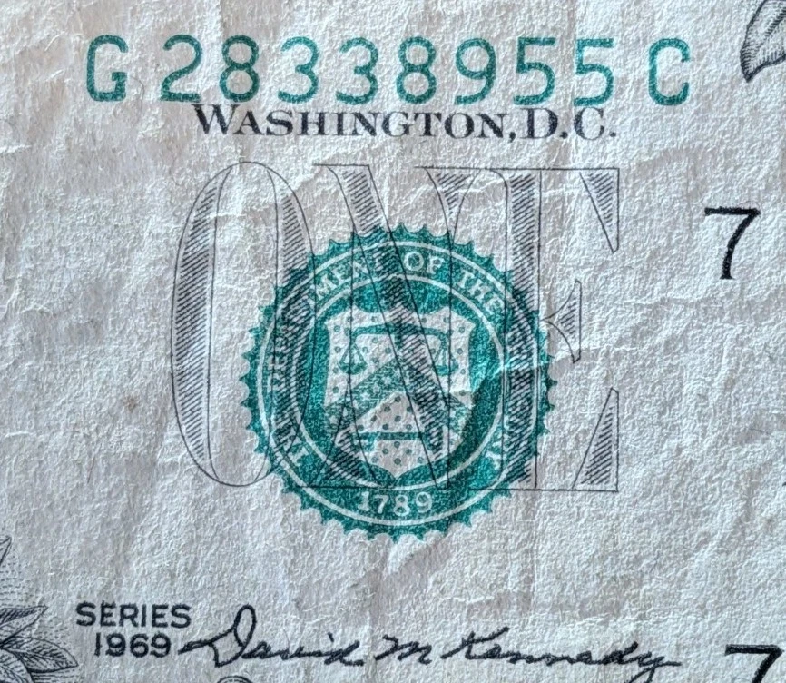 1969 Off Center Dollar Bill - Image 2 of 3