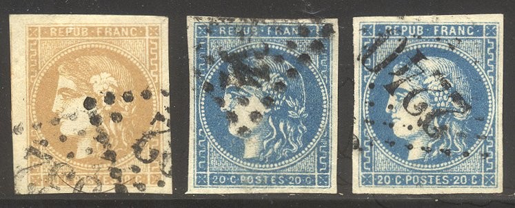FRANCE #42, 44-45 Used - 1870 10c - 20c Ceres Issues ($121)