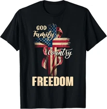 God Family Country Freedom - 4th July USA Flag Christian T-Shirt