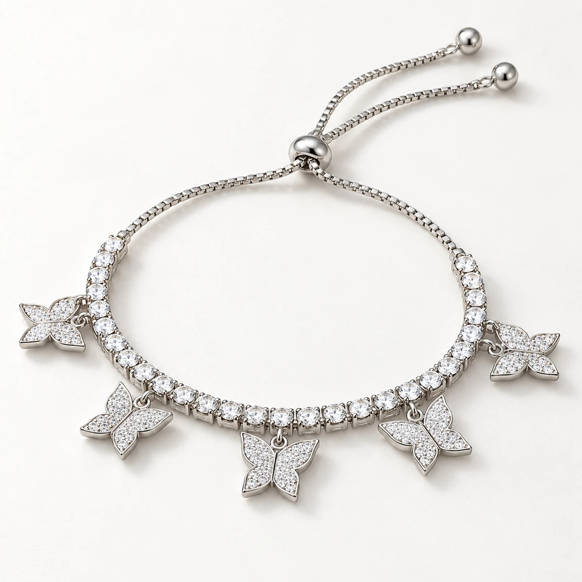 Butterfly Charm Tennis Bracelet Silver Tone Copper Clear Zircon Adjustable