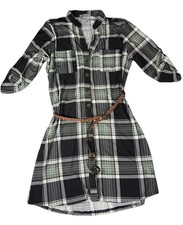 Button Plaid Shirt Dress W/ Belt Chic & Versatile/ Black, White,Mute Teal/ Large