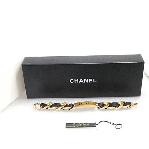 Bracciale Chanel Logo Placca Catena 19 5in Pelle Oro GP Nero