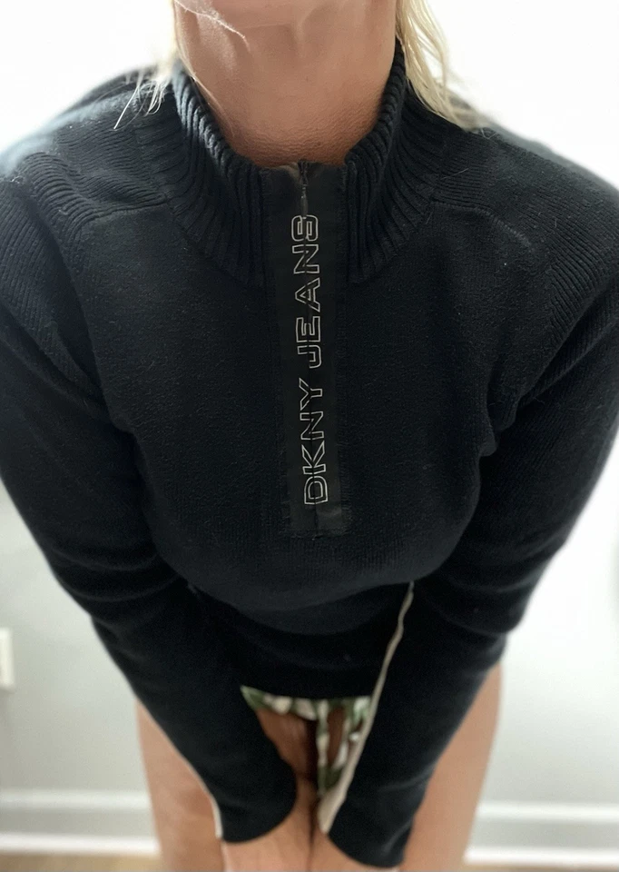 90s DKNY active fitted 2 tone quarter zip pullover sweater black ivory Ribbed M - Image 4 of 4