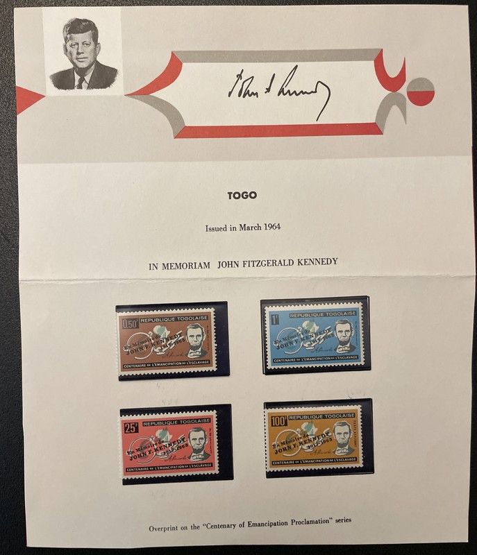 Togo 1964 Centenary Emancipation Memory Kennedy Overprint MNH (SC# 473-475, C41)
