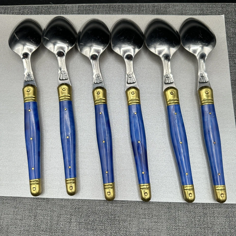 Conjunto de 6 colheres de jantar vintage Jean Dubost Laguiole França abelha azul ouro raro - Imagem 4 de 4