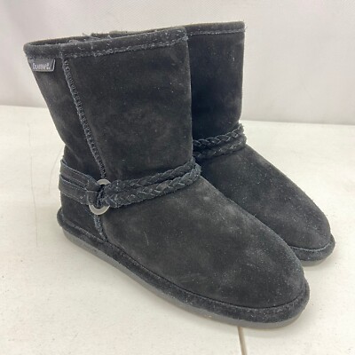 BearPaw Youth Size Black Sheepskin Suede Woven Straps Winter Boots - Main Image