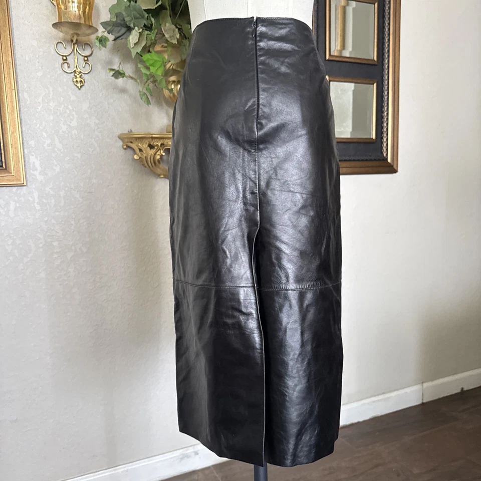 Kenneth Cole Women's High-Waisted Real Black Leather Back Slit Pencil Skirt Sz 8 - Image 2 of 4