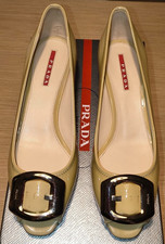 PRADA SCARPE DONNA 39 EU - VERNICE BEIGE–FIBBIA ARGENTATA– Mod. Peep-Toe - NUOVE