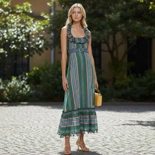 Zimmermann Allia Picnic Dress Size 0 / AU 8 / US 4 Green Stripe Belt Halter Long