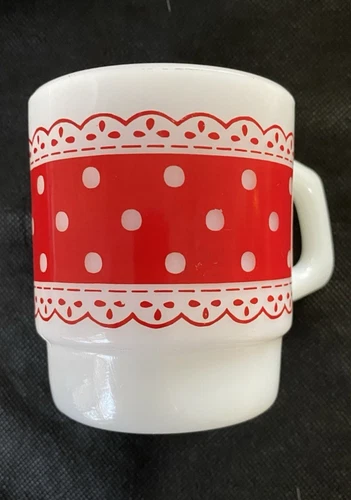 Vintage Fire King Anchor Hocking Red Polka Dots Lace Milk Glass Coffee 1 Cup Mug